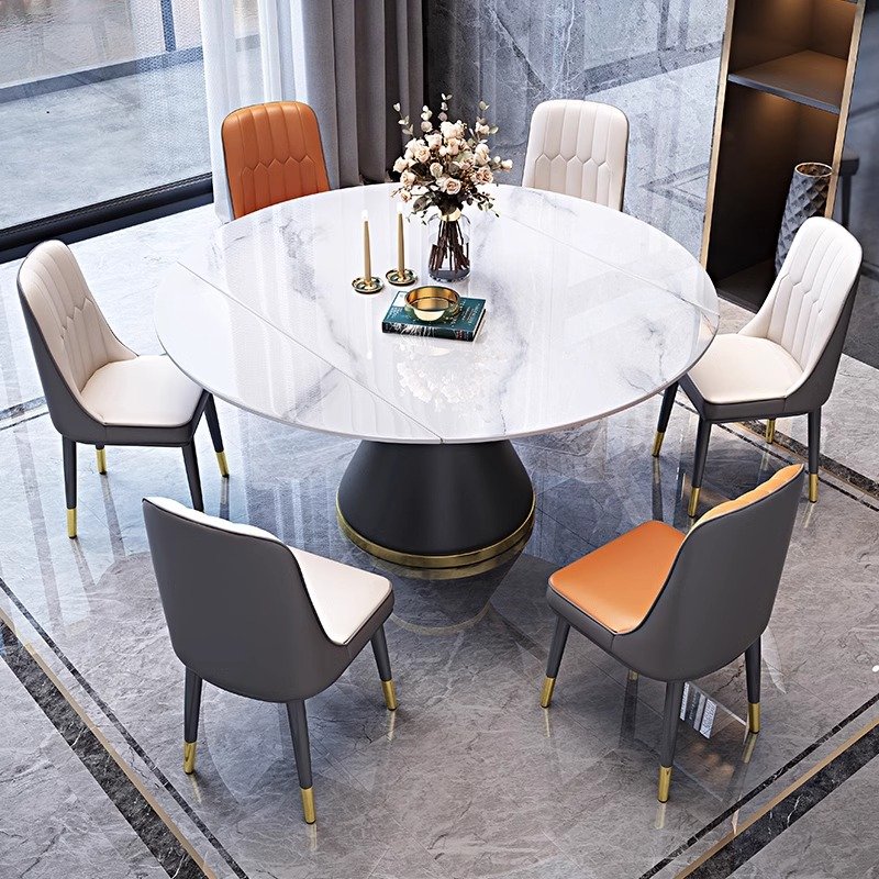 Luxury modern extendable folding round marble dining table chair set, 4, 6 and 8 seater rotating restaurant elegant furniture