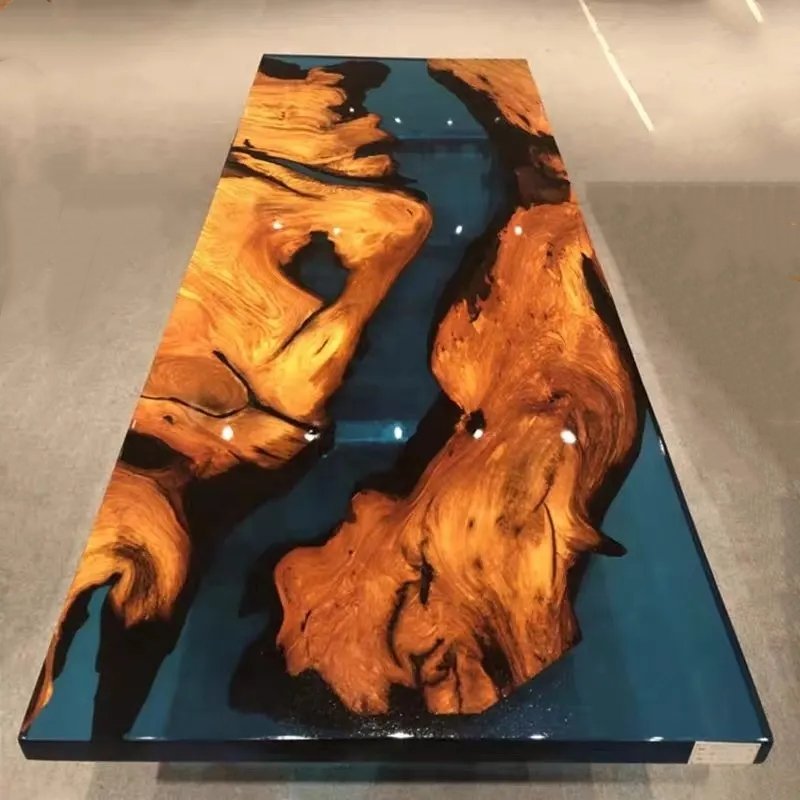 HJ HOME Epoxy Resin Solid Wood Clear River Dining Table Restaurant Hotel Dining Table Epoxy Resin Table Top