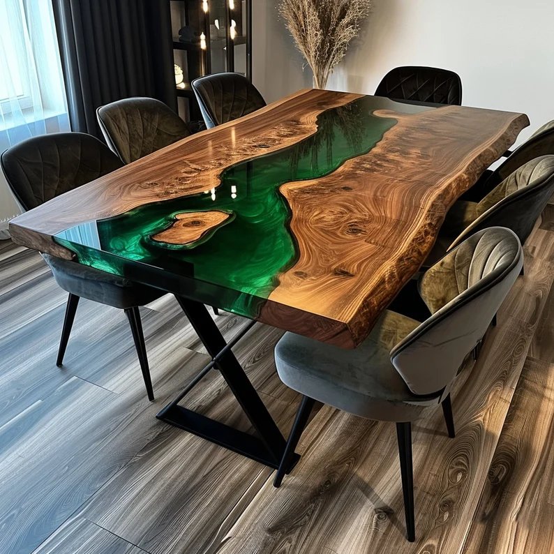 Modern walnut solid epoxy resin table dining table top restaurant custom table a manger river