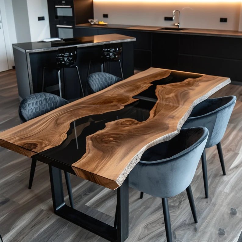 Modern walnut solid epoxy resin table dining table top restaurant custom table a manger river