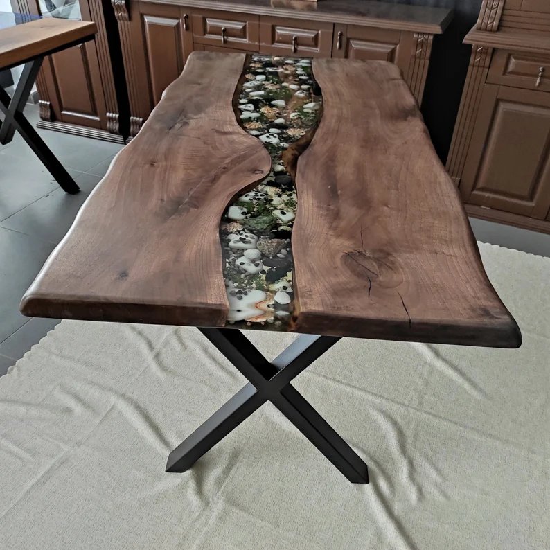 Modern walnut solid epoxy resin table dining table top restaurant custom table a manger river