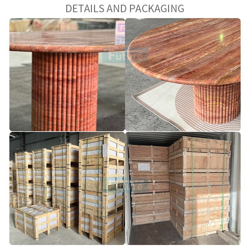 Luxury Customized Natural Red Travertine Dining Table Stone Furniture Dining Table Fluted Oval Marble Travertine Dining Table