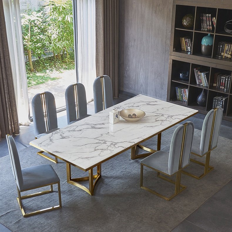 Nordic style cheap price mdf top Panel tables chairs dinning room furniture golden metal leg marble dining tables set