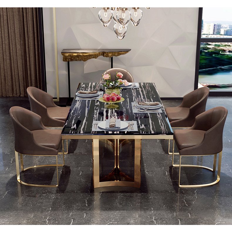 Nordic style cheap price mdf top Panel tables chairs dinning room furniture golden metal leg marble dining tables set