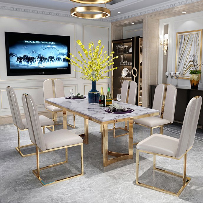 Nordic style cheap price mdf top Panel tables chairs dinning room furniture golden metal leg marble dining tables set