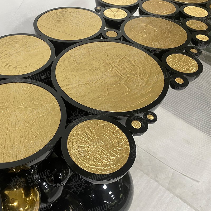 Luxury High quality Design Brass Stainless steel Oval black Creative bubble Gloss Wood Top Modern Dining room Charcuteria Table