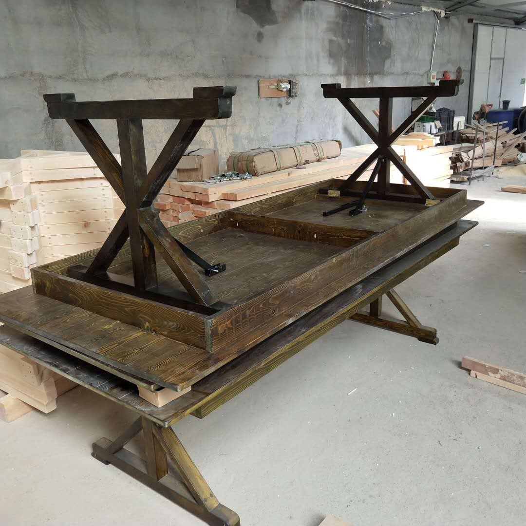 Solid wood farm Antique color harvest dinning cross legs table for wedding party