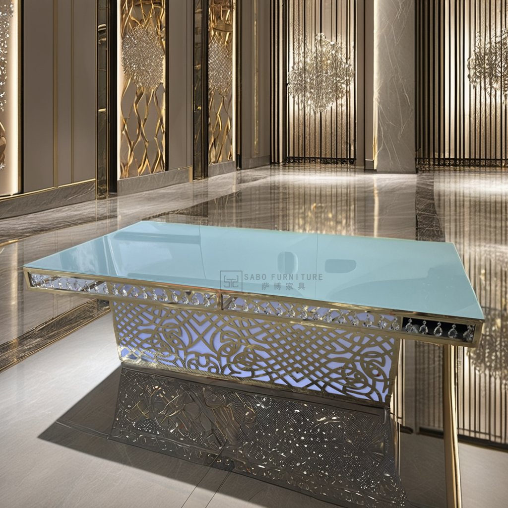 Modern Luxury Wedding Banquet Table Gold Stainless Steel Base Tempered Glass Top Outdoor Hotels Living Rooms Furniture