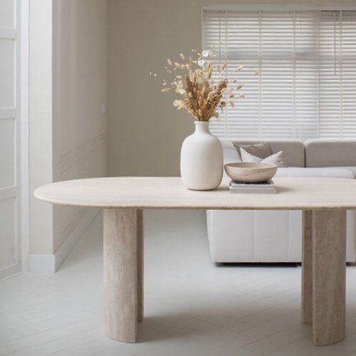SHIHUI Luxury Modern Stone Oval Marble Dining Table Beige Travertine Column Modern Home Furniture for Villa and Dining Room