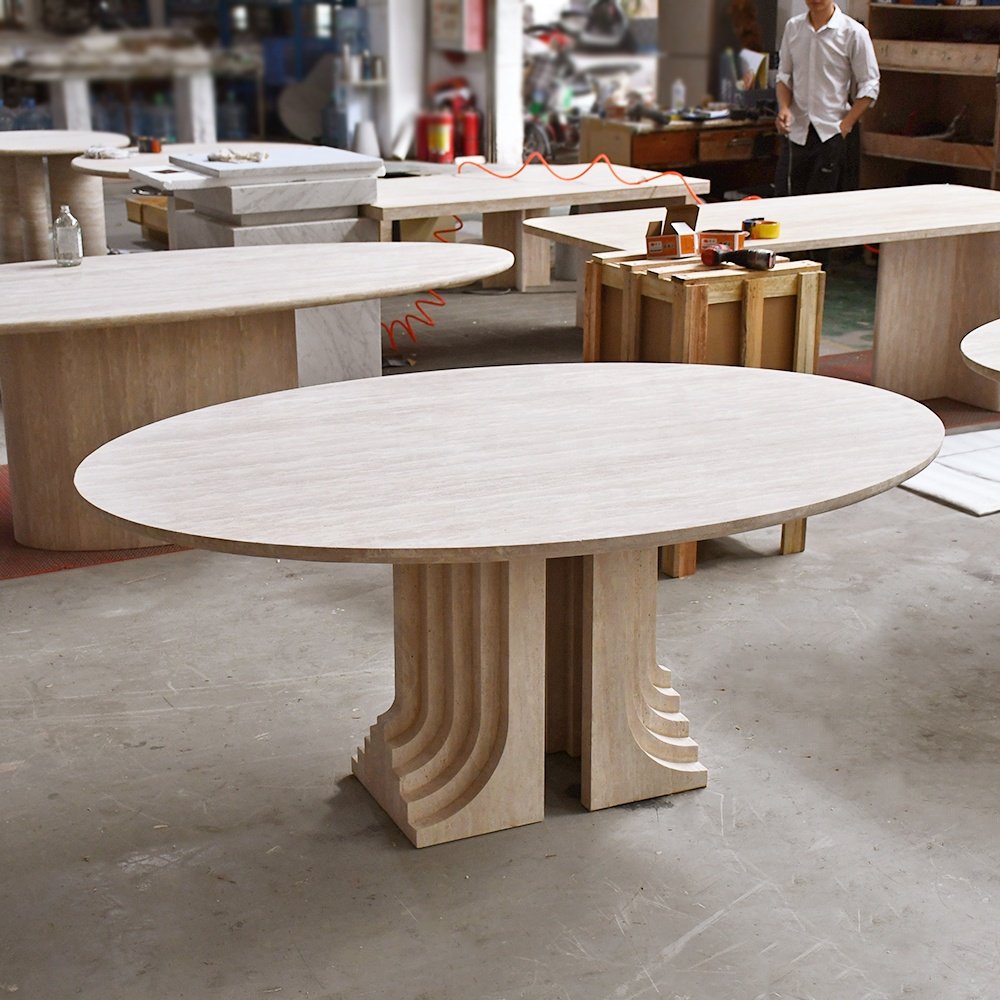 OEM ODM Factory scandinavian design oval rectangle cupola carved travertine table marble natural stone round dining table