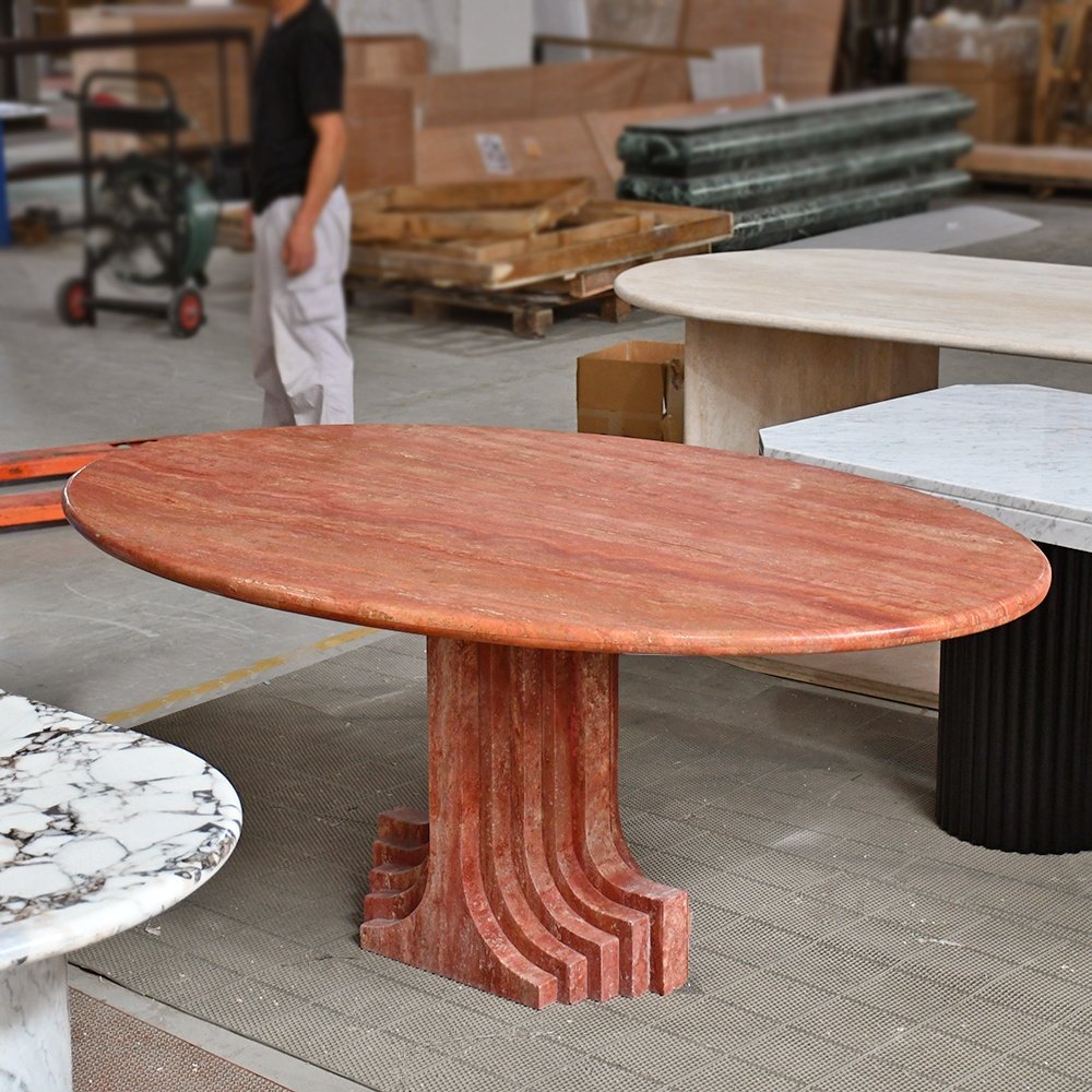 OEM ODM Factory scandinavian design oval rectangle cupola carved travertine table marble natural stone round dining table