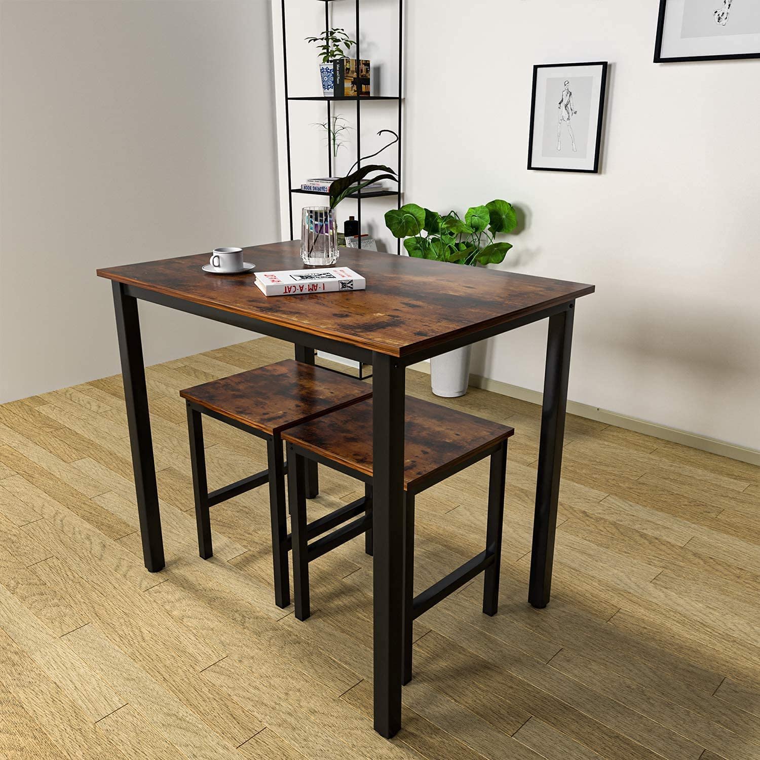 Modern Family Dining Room Set Cheap Price Wooden Dining Table with Two Steel Chairs & Desks Rectangle Shape