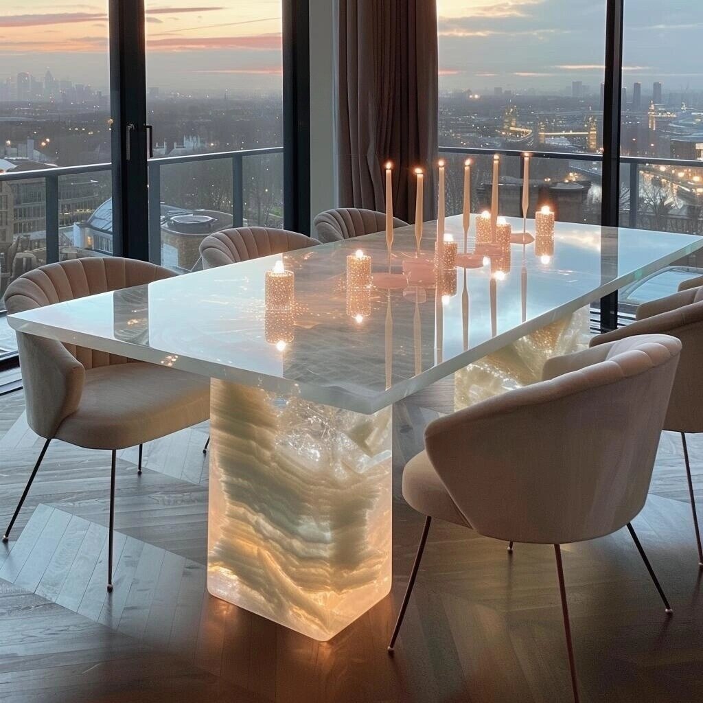 Colorful Backlit Translucent Onyx Dining Table Set Back Lighted Kitchen Island Bar Pub Custom Made Crystal Dining Furniture