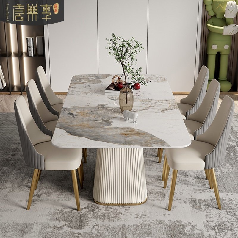 Modern light luxury simple rectangular size home living room dining table designer bright rock slab dining table and 4 chairs