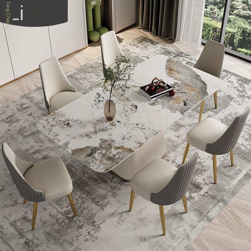 Modern light luxury simple rectangular size home living room dining table designer bright rock slab dining table and 4 chairs
