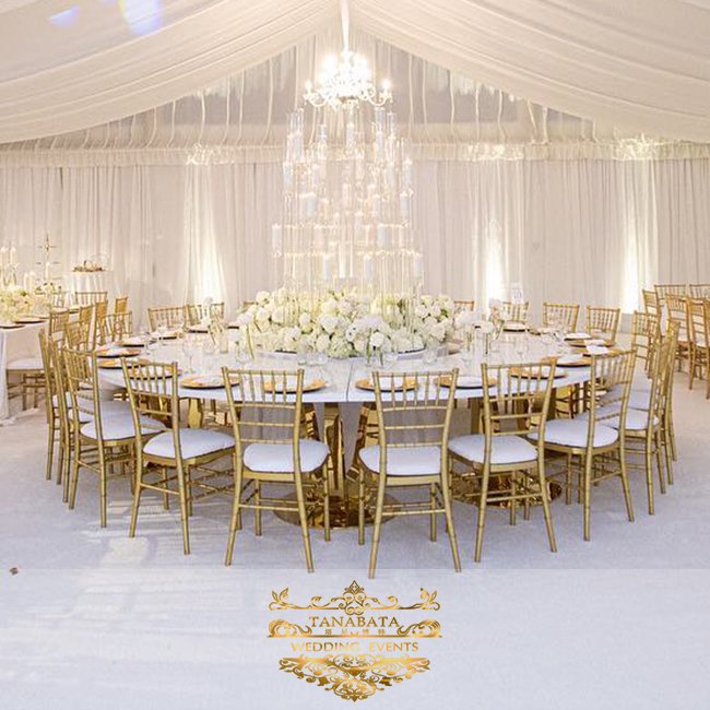 Wedding hall design gold frame s shape stainless steel mdf dining table