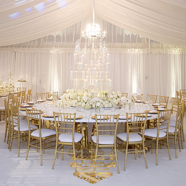 Wedding hall design gold frame s shape stainless steel mdf dining table