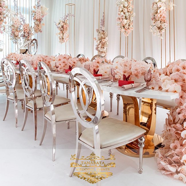 Wedding hall design gold frame s shape stainless steel mdf dining table