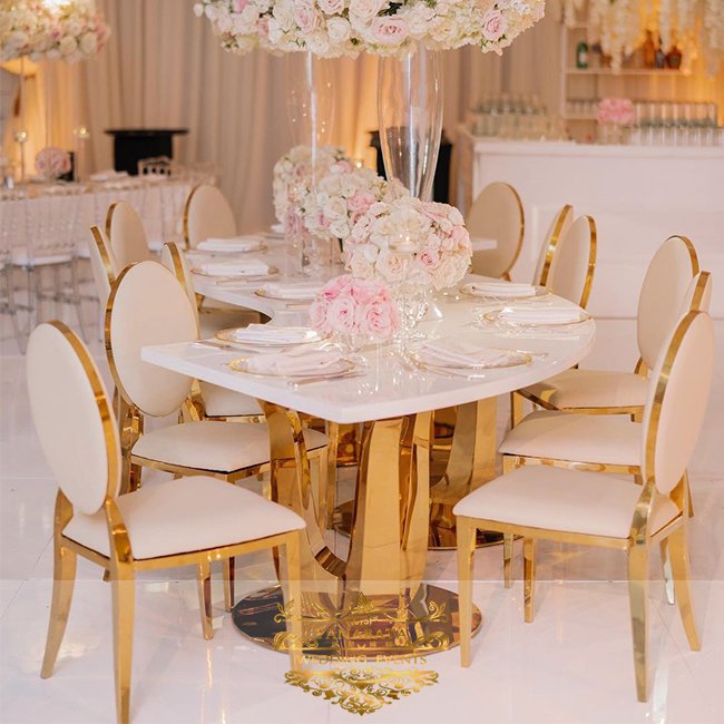 Wedding hall design gold frame s shape stainless steel mdf dining table