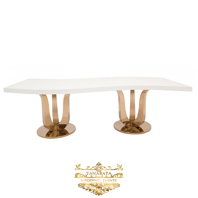 Wedding hall design gold frame s shape stainless steel mdf dining table