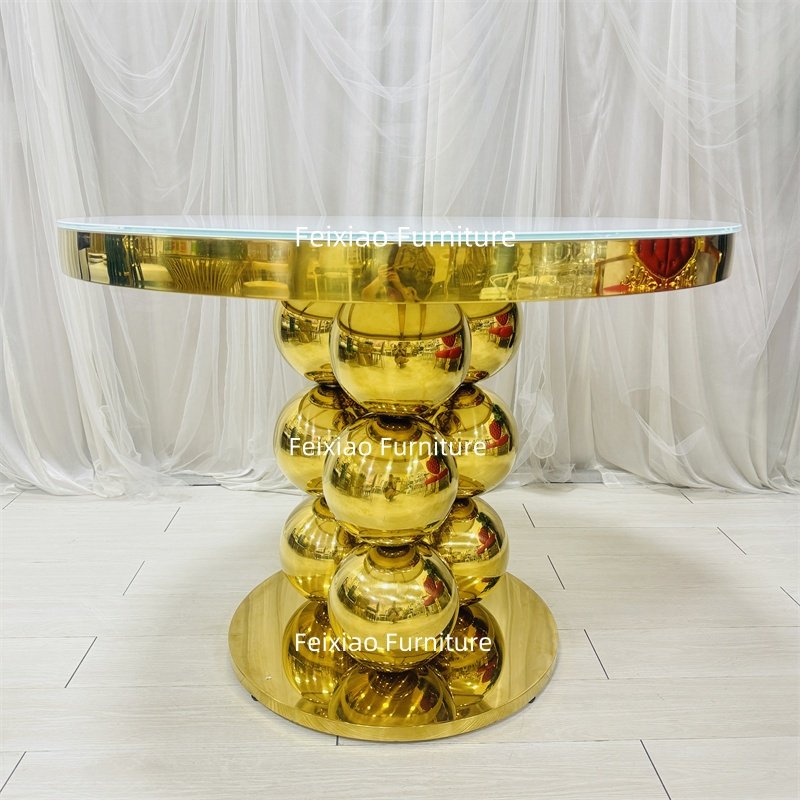 New design cake table round table stainless steel frame glass top wedding dining party events table