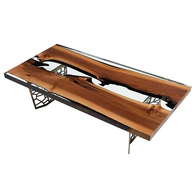 Natural IU dining table slab wood with top transparent epoxy and iron leg for dining room