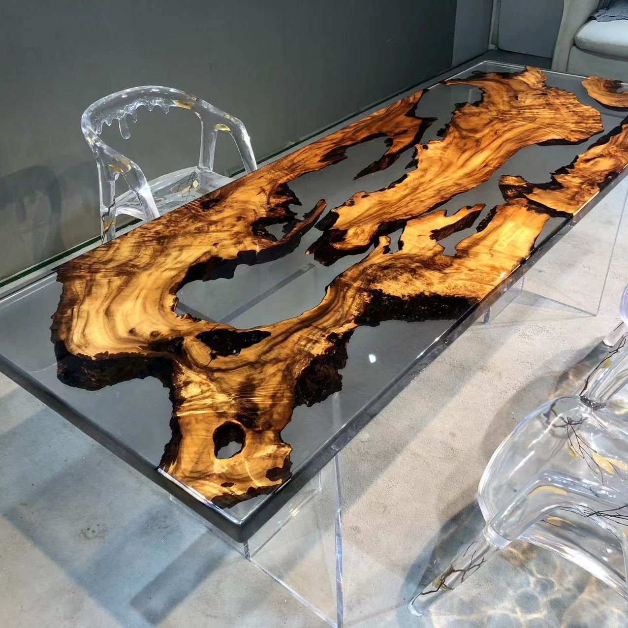 Live Edge Transparent Resin Table Golden Camphor Wood Epoxy Resin River Tables