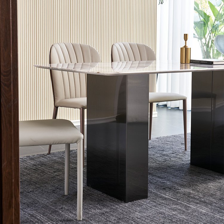 Dining room furniture set black tempered glass base slate sintered stone top dining table with chairs 6 seater 8 chairs