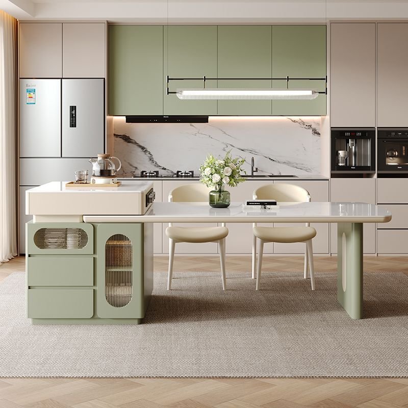 New trend popular rock slab kitchen island retractable table dining table and chair set with storage cabinet
