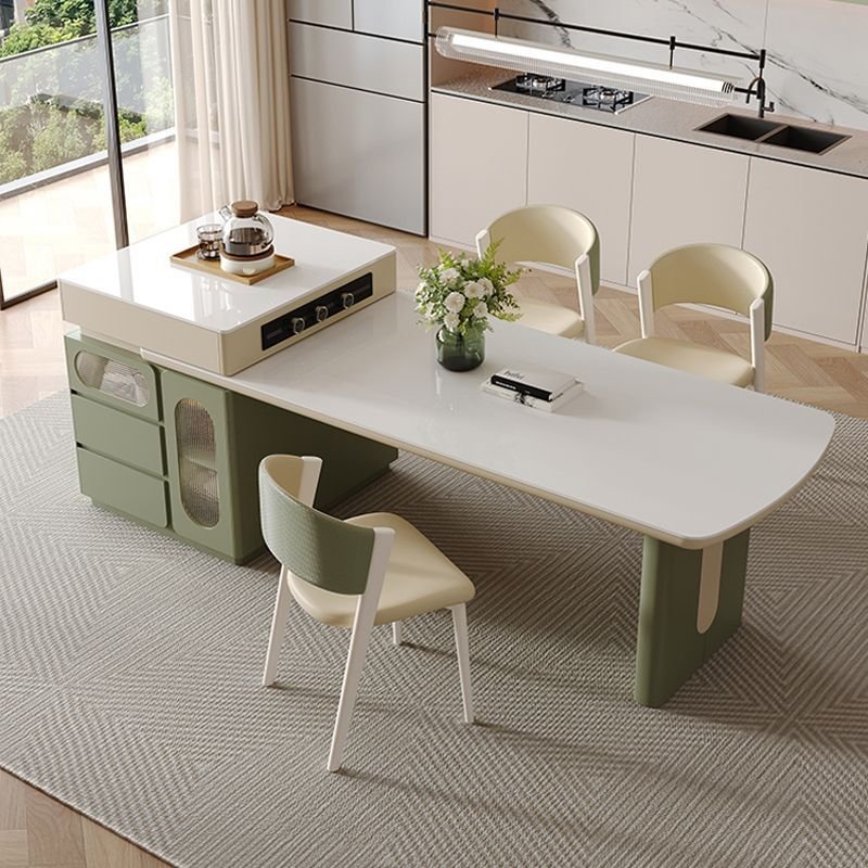 New trend popular rock slab kitchen island retractable table dining table and chair set with storage cabinet