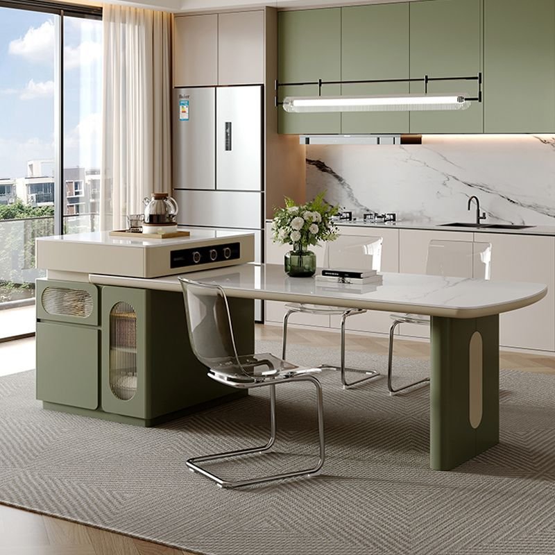 New trend popular rock slab kitchen island retractable table dining table and chair set with storage cabinet