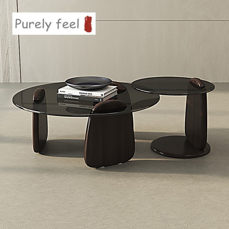 PurelyFeel Minimalist Italian grey glass size round coffee table log small wabi-Sabi design solid wood coffee table combination