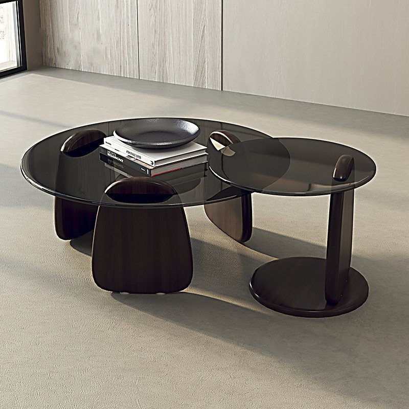 PurelyFeel Minimalist Italian grey glass size round coffee table log small wabi-Sabi design solid wood coffee table combination