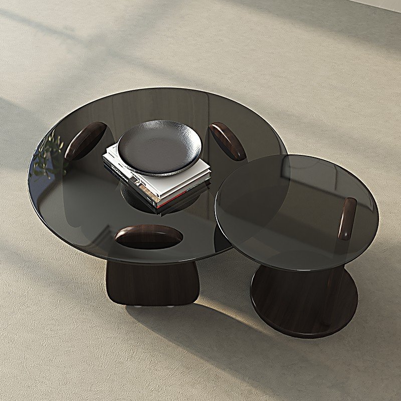 PurelyFeel Minimalist Italian grey glass size round coffee table log small wabi-Sabi design solid wood coffee table combination