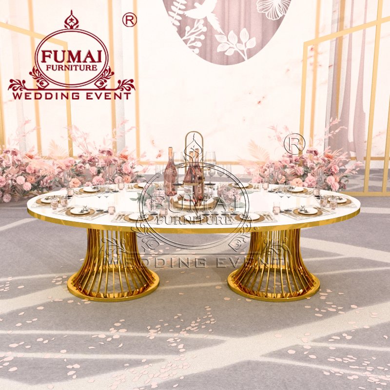Modern Luxury Furniture Metal Frame Oval Shape Banquet Event Wedding French Dinning Table For 2 To 10