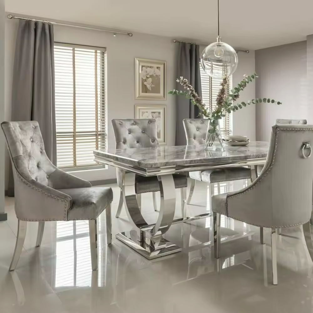Modern living room furniture stainless steel dining tables and chairs set marble top dining table dining table set for home