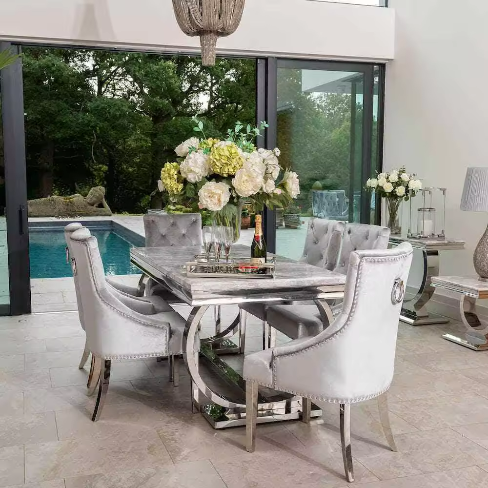 Modern living room furniture stainless steel dining tables and chairs set marble top dining table dining table set for home
