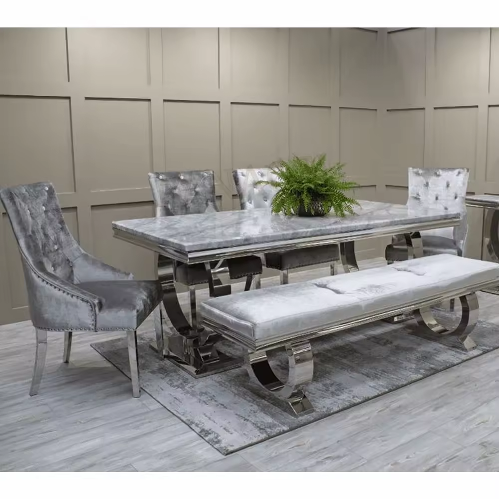 Modern living room furniture stainless steel dining tables and chairs set marble top dining table dining table set for home