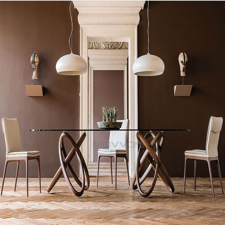 12Mm Tempered Glass Top Solid Wood Feet dining table for mesa de comedor