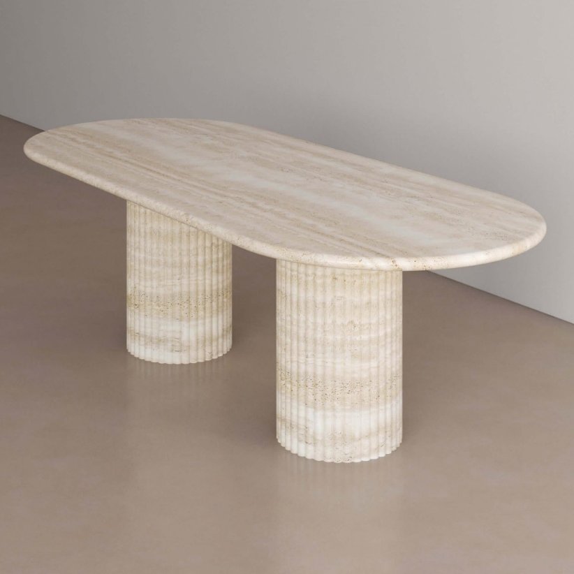 Customized Personalized Natural Beige Travertine Marble Stone Fluted Oval Dining Table