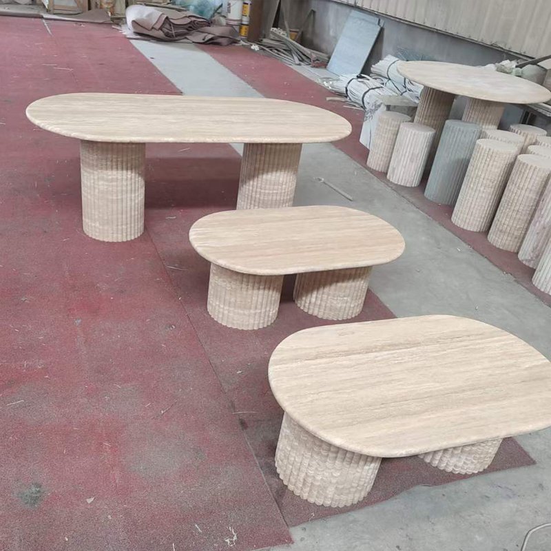 Customized Personalized Natural Beige Travertine Marble Stone Fluted Oval Dining Table