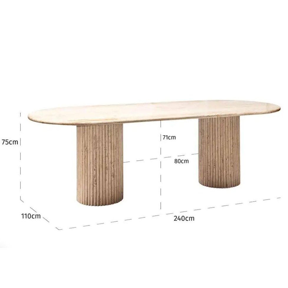Customized Personalized Natural Beige Travertine Marble Stone Fluted Oval Dining Table
