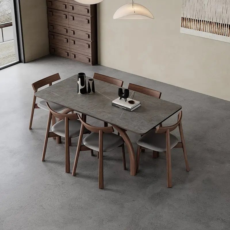 Italian Sintered Stone Dinning Table Set For 6 Light Luxury High-End Simple Ash Wood Nordic Rectangular Solid Wood Dining Table