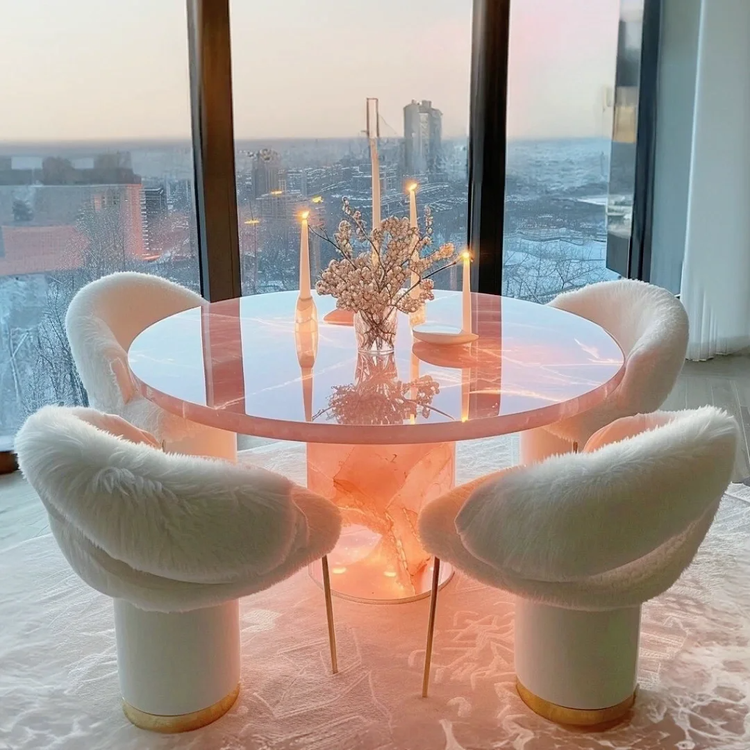 Rectangular 1800mm 6ft Backlit Translucent Pink Onyx Dining Table Kitchen Island Luxury Customized Luminous Dining Furniture