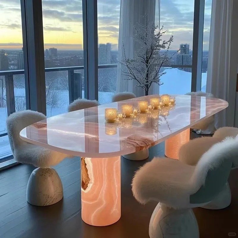 Rectangular 1800mm 6ft Backlit Translucent Pink Onyx Dining Table Kitchen Island Luxury Customized Luminous Dining Furniture