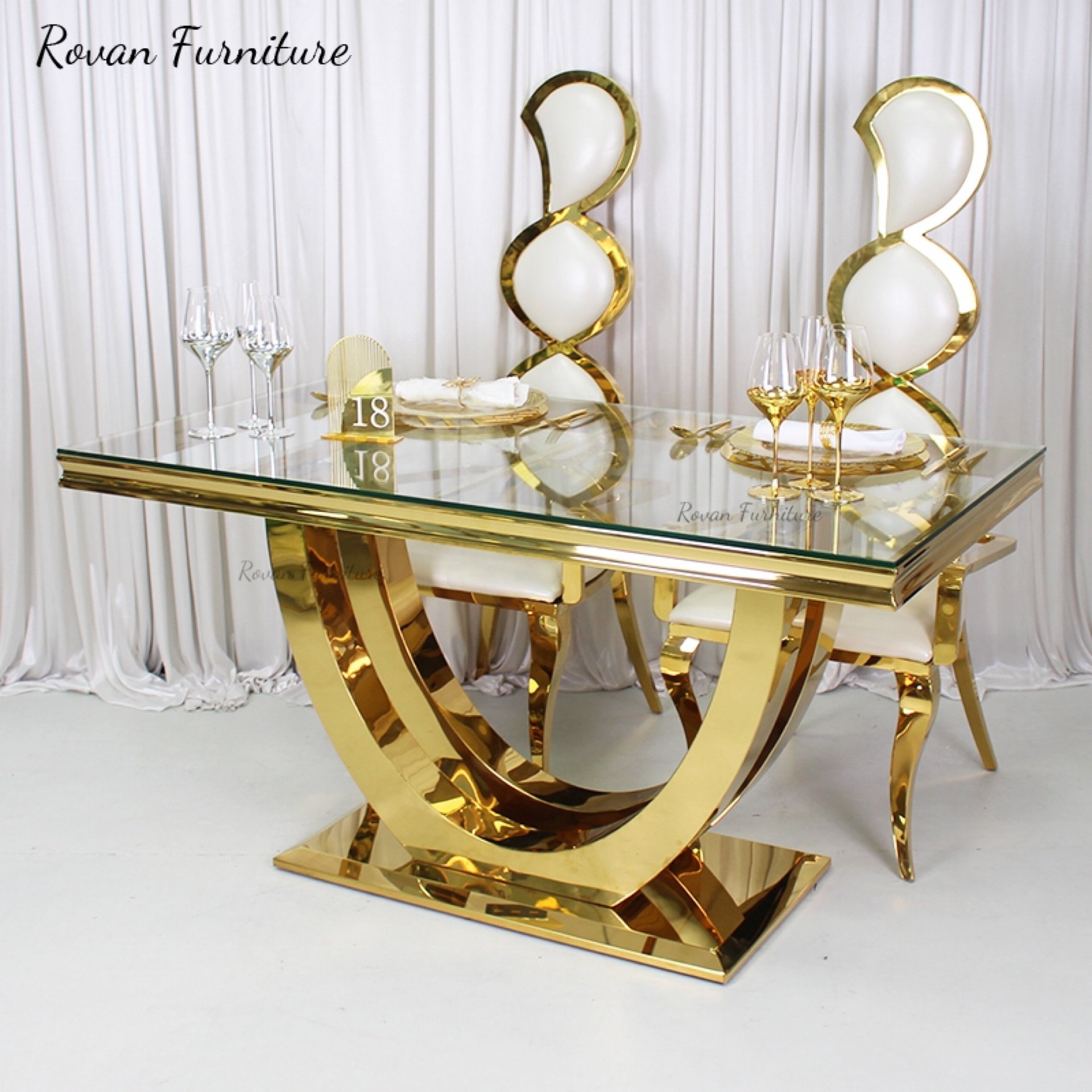 New style luxury rectangular gold stainless steel wedding table with glass tabletop for event used