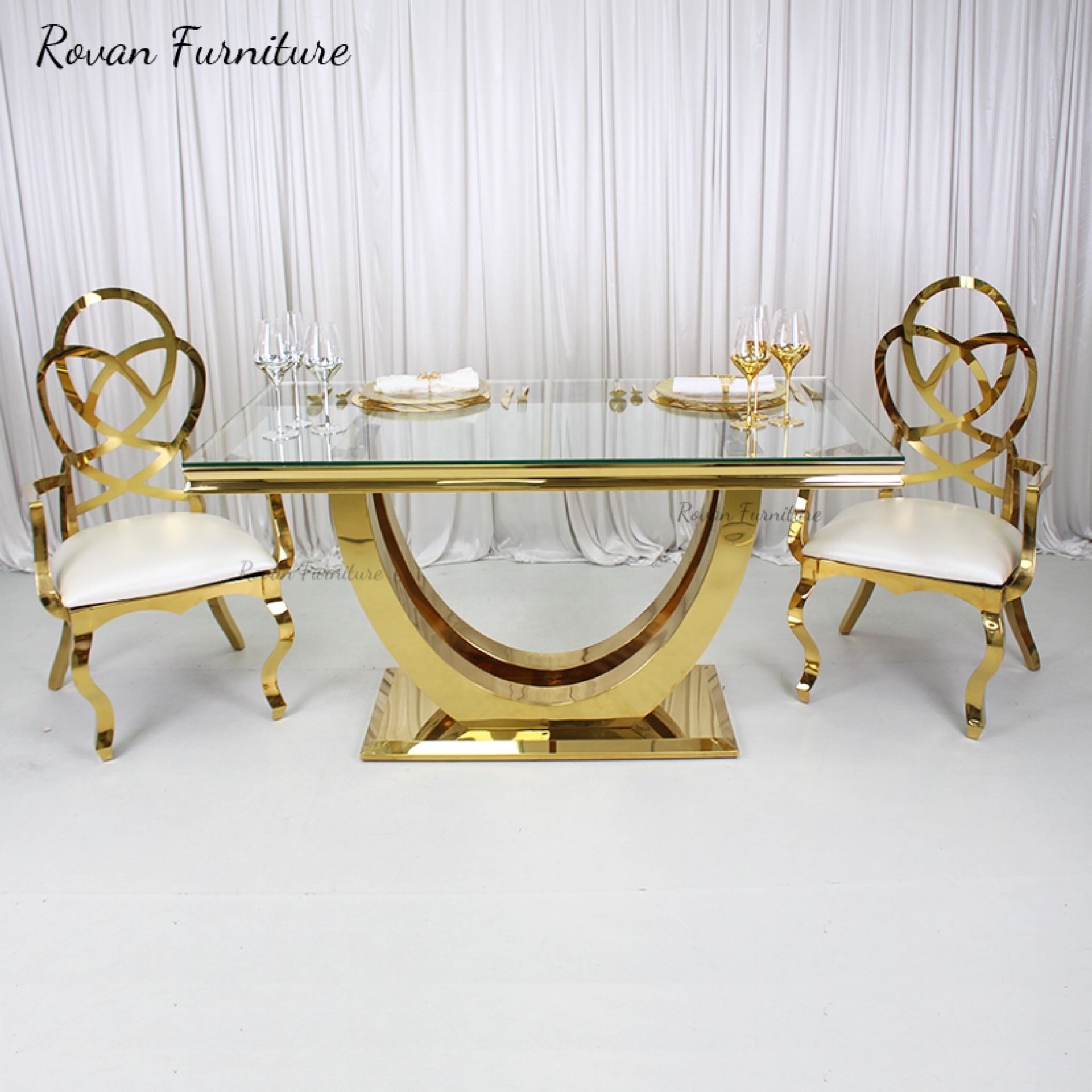 New style luxury rectangular gold stainless steel wedding table with glass tabletop for event used