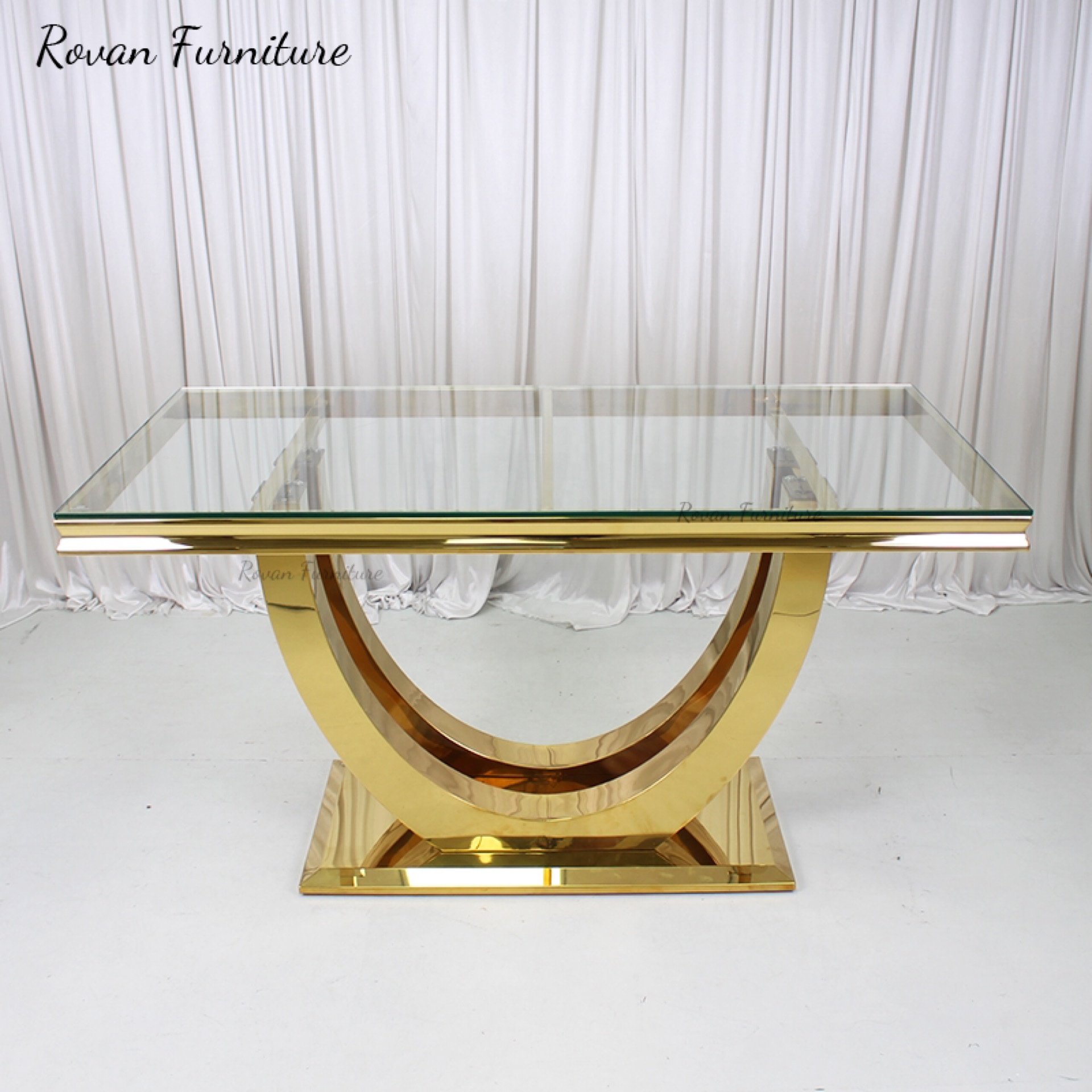 New style luxury rectangular gold stainless steel wedding table with glass tabletop for event used