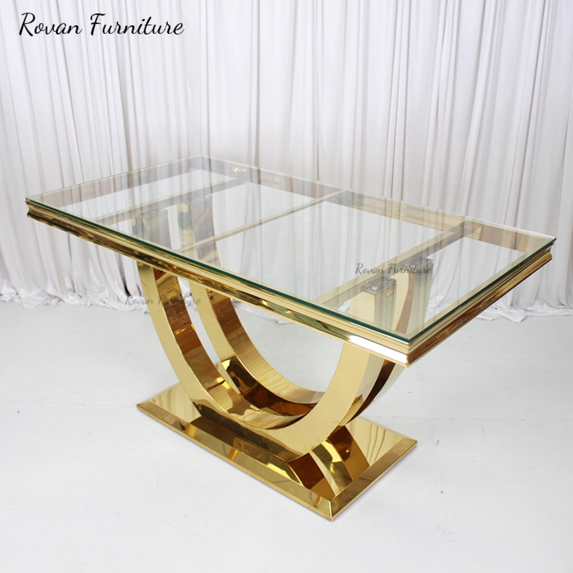 New style luxury rectangular gold stainless steel wedding table with glass tabletop for event used