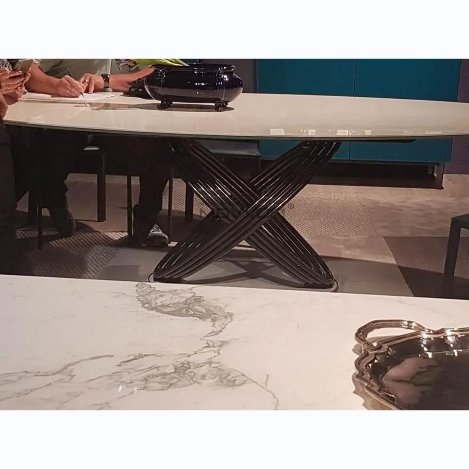 Italian rotating design ceramic tempered glass top stainless steel oval extending dining table modern room furniture